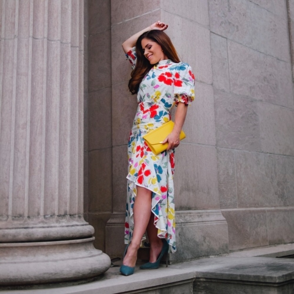Rixo Target Mock Neck White Floral Ruffle Dress